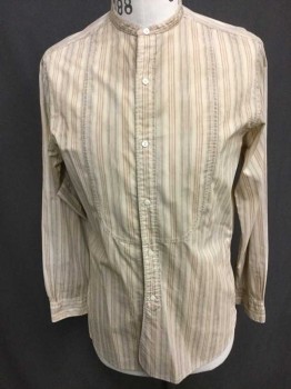 N/L, Ecru, Maroon Red, Lt Blue, Tan Brown, Cotton, Stripes - Pin, Stripes - Vertical , Long Sleeve Button Front, Band Collar, Curved Bib Panel At Front, Lightly Aged/Teched, Dirty Cuffs And Lower Sleeves