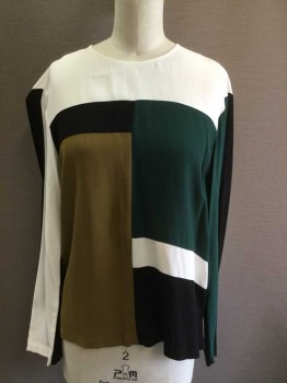 ZARA, White, Forest Green, Olive Green, Black, Viscose, Color Blocking, Long Sleeves, Colorblock, Crew Neck, Keyhole Back with Button