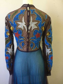Womens, Evening Gown, N/L, Purple, Turquoise Blue, Blue, Red, Gold, Synthetic, W26, B32, Top: Purple Mesh Over Lt Beige Mesh, L/S, Butterfly Appliqué and Embroidery, Red Heart Center, Band Collar, Button Loop Back, Button Loop Cuff, Floor Length Hem, Skirt: Pleated Turquoise Mesh with Purple Mesh Overlay, Sheer, Side Hidden Zipper