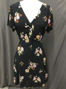 ABERCROMBIE & FITCH, Black, Pink, Plum Purple, Yellow, Olive Green, Rayon, Floral, V-neck, Button Front, Cut-off Short Sleeves, Flair Bottom, Thin Self Waist Belt Attached