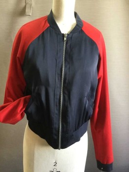 Womens, Casual Jacket, FOREVER 21, Navy Blue, Red, Polyester, Color Blocking, S, Raglan Sleeve, Bomber, Zip Front, 2 Diagonal Slash Pocket, Rib Knit Collar and Cuffs and Waistband,