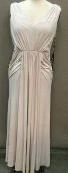 Womens, Evening Gown, ADRIANNA PAPELL, Lt Beige, Polyester, Spandex, Stripes, 14, V-neck, V-back, Zip Back, Sleeveless, Self Textured, Front Drape, Ruched Center Back and Sides, Grecian/Egyptian Look