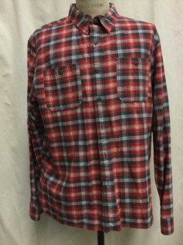 RRL, Red, Gray, White, Cotton, Plaid, Red/ Gray/ White Plaid, Button Front, Collar Attached, Long Sleeves, 2 Flap Pockets