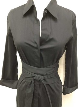 Womens, Dress, Long & 3/4 Sleeve, THEORY, Black, Cotton, Spandex, Solid, S, Collar Attached, Hidden Button Front, Fold Up Long Sleeves, Triangle Attached Waist BELT