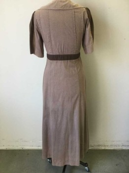 N/L, Lt Brown, Brown, Cotton, Calico , Light Brown with Brown Tiny Flowers/Dots Calico Pattern, Solid Brown Accents at 1.5" Wide Waistband, Outseam of Sleeves, 1/2 Sleeve, Button Closures at Side Front, Collar Attached, Floor Length Hem, Made To Order