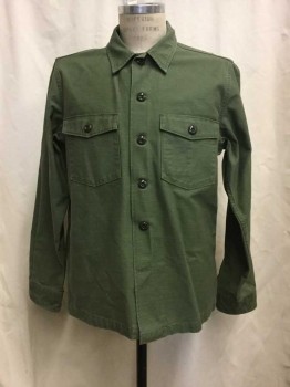 WALLACE & BARNES, Olive Green, Cotton, Olive Green, Button Front, Collar Attached, Long Sleeves, 2 Flap Pockets