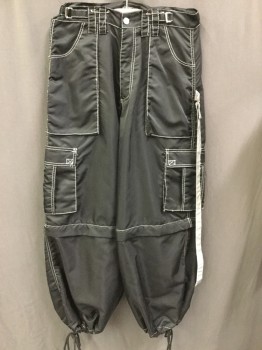 Mens, Casual Pants, CURRENT MOOD, Black, Silver, Nylon, Solid, M, Rave, Super Baggy, Zip Off Shorts, Drawstring, Cargo Pockets, Silver Top Stitching, Zip Front, Double Belt Loops, Adj Waist Tabs, Reflective Silver Straps, Velcro Attach to D-rings at Hip and Shorts Hem