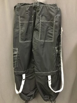 Mens, Casual Pants, CURRENT MOOD, Black, Silver, Nylon, Solid, M, Rave, Super Baggy, Zip Off Shorts, Drawstring, Cargo Pockets, Silver Top Stitching, Zip Front, Double Belt Loops, Adj Waist Tabs, Reflective Silver Straps, Velcro Attach to D-rings at Hip and Shorts Hem
