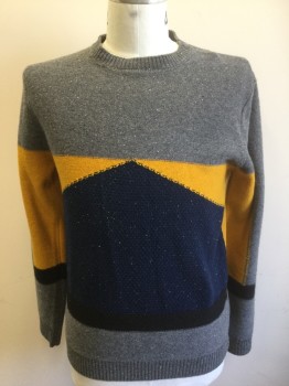 Mens, Pullover Sweater, NATIVE YOUTH, Gray, Mustard Yellow, Navy Blue, Acrylic, Wool, Color Blocking, Geometric, L, Gray with Navy and Mustard Geometric Panels at Front and Sleeves, Knit, Long Sleeves, Crew Neck
