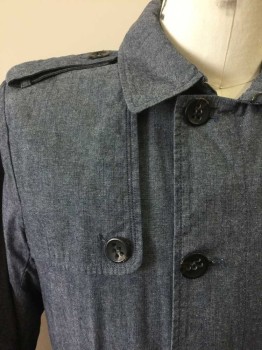 Mens, Casual Jacket, BEN SHERMAN, Denim Blue, Cotton, L, Chambray Jacket, Button Front, Double Breasted, Button Front, Collar Attached, Epaulets, 2 Pockets, Flap From Right Side Shoulder, Elbow Patches, Button Tab on Cuffs, Self Belt