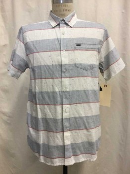 RIP CURL, Ivory White, Navy Blue, Red, Cotton, Stripes, Heathered, Heather Ivory/ Navy/ Red Stripes, Button Down Collar, 1 Pocket, Short Sleeve,