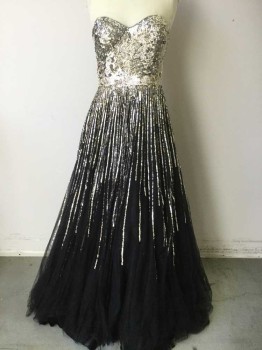 Womens, Evening Gown, TERANI, Black, Silver, Polyester, Sequins, 6, Strapless Sweetheart, Back Zip, Silver Sequins Over Black Mesh, Black Tulle Skirt with Various Length Silver Sequin Vertical Stripes