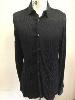 Mens, Casual Shirt, ZARA, Black, Black, Viscose, Novelty Pattern, 36/37, 15/.5, Long Sleeves, Button Front, Collar Attached, Tiger Stripes Weave