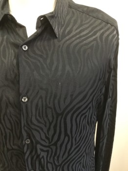 Mens, Casual Shirt, ZARA, Black, Black, Viscose, Novelty Pattern, 36/37, 15/.5, Long Sleeves, Button Front, Collar Attached, Tiger Stripes Weave