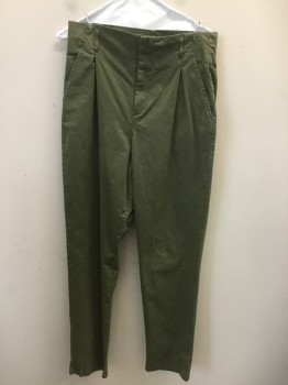 Womens, Pants, H&M  L.O.G.G., Olive Green, Cotton, Spandex, Solid, 8, High Waisted, Pleated Front, 4 Pockets, Zip Fly, Belt Loops