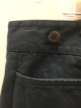 Mens, Historical Fiction Pants, N/L, Navy Blue, Slate Blue, Cotton, Stripes - Micro, Ins:30, W:40, Flat Front, Button Fly, Metal Suspender Buttons at Outside Waist, Belted Back, Old West Reproduction, **White Elastic Stirrups Added at Hem **Large Gusset Added in Matching Fabric at Center Back