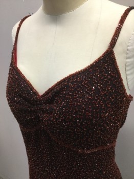Womens, Cocktail Dress, JE MATADI, Black, Red, Silk, Beaded, 10/12, L, Black Chiffon with Red BeadS Scattered All Over, V-neck, Spaghetti Straps, Zipper Center Back
