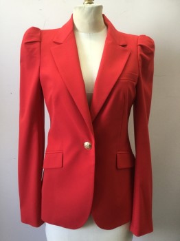 Womens, Blazer, ZARA, Red, Polyester, Viscose, Solid, S, Single Breasted, Notched Lapel, 3 Pockets, Pleated Sleeve Inset, Gold Buttons