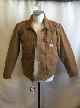 Mens, Casual Jacket, CARHARTT, Caramel Brown, Cotton, Solid, S, Cotton Duck, Zip/Snap Front,  Collar Attached, 2 Chest Flap Pockets, 2 Large Patch Pockets, Long Sleeves, Pleated Sleeve Seam, Snap Cuff, Curved Lower Back Hem Panel, Fleece Lined