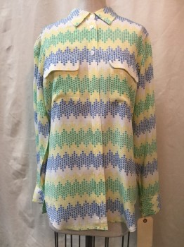 EQUIPMENT, White, Yellow, Green, Navy Blue, Silk, Dots, Stripes, White, Yellow/ Green/ Navy Dotted Stripes, Button Front, Collar Attached, 2 Pockets,