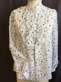 Womens, Blouse, ZARA, Off White, Dk Gray, Polyester, Floral, S, Sheer, Collar Attached with 2 Layers Self Accordion Pleats Work Detail Center Front, Button Front, Long Sleeves with Lace & Pleats Work