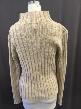 Womens, Pullover, LL BEAN, Tan Brown, White, Cotton, Solid, S, Heathered Tan, Ribbed Mock Neck, Cable Knit
