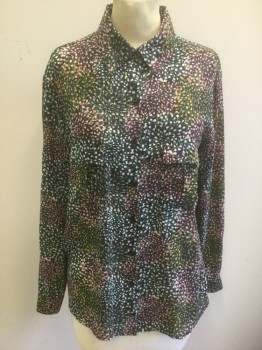 Womens, Blouse, PLEIONE, Navy Blue, Multi-color, Lt Pink, White, Yellow, Polyester, Floral, S, Dark Navy (Nearly Black) with Tiny Pink/White/Yellow/Seafoam Floral Pattern, Chiffon, Long Sleeve Button Front, Collar Attached, 2 Patch Pockets with Flap Closure, Oversized Fit
