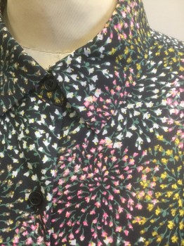 PLEIONE, Navy Blue, Multi-color, Lt Pink, White, Yellow, Polyester, Floral, Dark Navy (Nearly Black) with Tiny Pink/White/Yellow/Seafoam Floral Pattern, Chiffon, Long Sleeve Button Front, Collar Attached, 2 Patch Pockets with Flap Closure, Oversized Fit