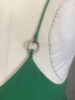 CINQ A SEPT, Emerald Green, Silk, Solid, Charmeuse, Spaghetti Straps That Cross Over in Back with Bronze Ring Details, V-neck, Pullover