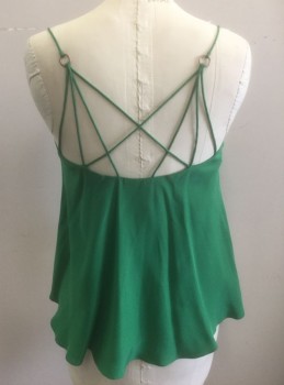CINQ A SEPT, Emerald Green, Silk, Solid, Charmeuse, Spaghetti Straps That Cross Over in Back with Bronze Ring Details, V-neck, Pullover