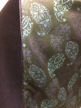TALLIA, Purple, Cotton, Solid, Purple Velvet, 2 Button Front, Notched Lapel, 3 Pocket Flaps, Black Lining with Purple and Aqua Paisley Print