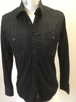 7 DIAMOND, Black, Gray, Cotton, Solid, Stripes - Pin, Black with Ghost Pinstripes, Grey Top Stitching, Collar Attached, Button Front, Long Sleeves,