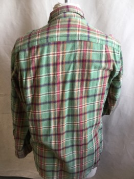 ORVIS, Lt Green, Red, Orange, Olive Green, Purple, Cotton, Wool, Plaid, Collar Attached, Button Front, 2 Pockets with Button, Long Sleeves,