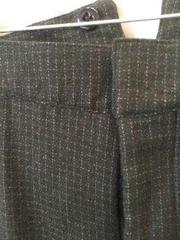 Mens, Historical Fiction Pants, N/L MTO, Dk Green, Brown, Wool, Grid , Ins:30, W:40, Dark Green (Nearly Black) with Brown Dashed Grid Stripes, Flat Front, Button Fly, 2 Angled Front Pockets, Suspender Buttons at Inside Waist, Made To Order Reproduction