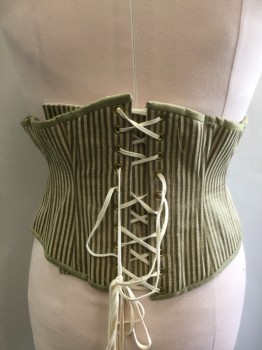 Womens, Historical Fiction Corset, MTO, Olive Green, Ecru, Silk, Stripes - Vertical , 30, Scalloped Under Bust, Hook & Eyes, Front, Lace Up Back, Solid Olive Trim
