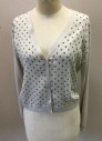 MAX MARA, Lt Gray, Off White, Lt Blue, Navy Blue, Silk, Geometric, V.neck Button Front, Solid Light Gray Knitted Sleeves and Back with Light Gray, Light Blue & Navy Square Print Broadcloth Front ( 1 Broken Button)