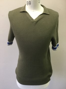 TOPMAN, Olive Green, Cotton, Solid, Novelty Knit, Ribbed Knit Collar Attached, Open Placket, Short Sleeves, Ribbed Knit Waistband, White/Black/Purple Stripe Ribbed Knit Cuff