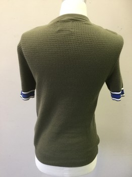 TOPMAN, Olive Green, Cotton, Solid, Novelty Knit, Ribbed Knit Collar Attached, Open Placket, Short Sleeves, Ribbed Knit Waistband, White/Black/Purple Stripe Ribbed Knit Cuff