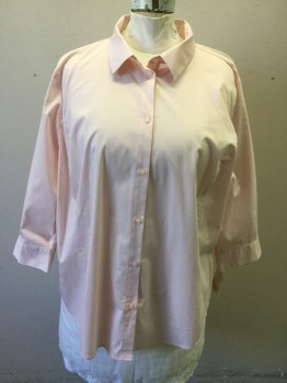 LIZ CLAIBORNE, Lt Pink, Cotton, Polyester, Solid, Button Front, Collar Attached, 3/4 Sleeve