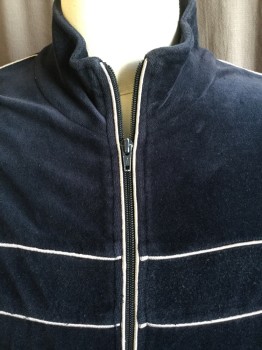 Mens, Sweatsuit Jacket, NORM THOMPSON, Navy Blue, Silver, Cotton, Polyester, Solid, Stripes - Horizontal , XL, Jacket:  Collar Attached, Zip Front, 2 Silver Piping Horizontal Stripes Front & 1 on Long Sleeves, 2 Pockets, Silver Piping Stripe Along Zip Front,