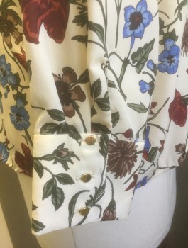 ZARA, Ecru, Maroon Red, Brown, Olive Green, Cornflower Blue, Polyester, Floral, Ecru with Muted Floral/Vines Pattern, Crepe, Long Sleeves, V-neck, Collar Attached