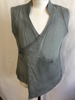 N/L, Olive Green, Linen, Solid, Over Lap V-neck with Collar Attached with Brass Snap Front, Shinny Olive Lining, 1 Pocket with Matching Brass Snap, Uneven Hem