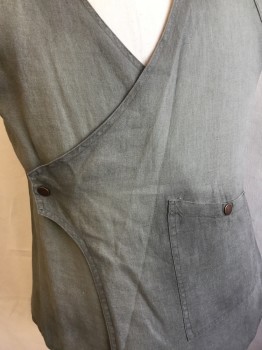 Mens, Vest, N/L, Olive Green, Linen, Solid, M, Over Lap V-neck with Collar Attached with Brass Snap Front, Shinny Olive Lining, 1 Pocket with Matching Brass Snap, Uneven Hem