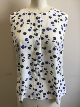 EQUIPMENT, White, Navy Blue, Royal Blue, Silk, Novelty Pattern, White with Navy and Royal Blue Apple Print, Sleeveless, 1/2 Button Front, Pleated at Back Yoke