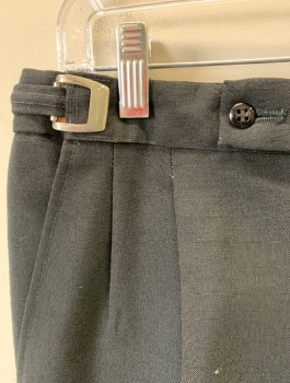 Mens, Slacks, MAN ABOUT TOWN, Black, Polyester, Wool, Solid, Ins:30, W:32, Double Pleated, Button Tab, Tapered Slim Leg, Adjustable Silver Buckles at Sides of Waist, 3 Pockets,