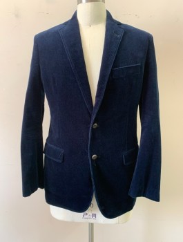BROOKS BROTHERS, Navy Blue, Cotton, Spandex, Solid, Corduroy, Single Breasted, Collar Attached, Notched Lapel, 2 Buttons,  3 Pockets, Self Oval Elbow Patches