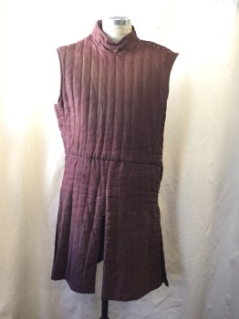 Mens, Historical Fiction Tunic, N/L, Sienna Brown, Cotton, Solid, 42, Under Armor Padding, Quilted Vertical Stitching, Stand Collar, Sleeveless, Brown Leather Thong Lacing at Left Side and Left Shoulder Seam (lacing Missing), Knee Length Tunic with Paneled Bottom with Slits/Vents, Made To Order, Lightly Aged
