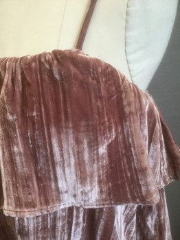 MADEWELL, Mauve Pink, Viscose, Silk, Solid, Crushed Panné Velvet, Spaghetti Straps, Ruffled Tier at Bust