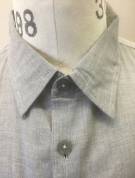 Mens, Casual Shirt, JOHN VARVATOS, Gray, Cotton, Solid, M, Lightweight/Slightly Sheer Cotton, Short Sleeve Button Front, Collar Attached, Cuff Detail at Sleeves