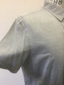 Mens, Casual Shirt, JOHN VARVATOS, Gray, Cotton, Solid, M, Lightweight/Slightly Sheer Cotton, Short Sleeve Button Front, Collar Attached, Cuff Detail at Sleeves